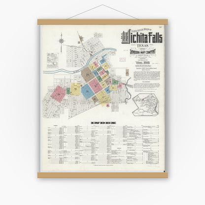 Old map wall art mockup — magnetic wood frame on white wall — Sanborn Fire Insurance Map from Wichita Falls, Wichita County, Texas (1915) - Complete Map Set