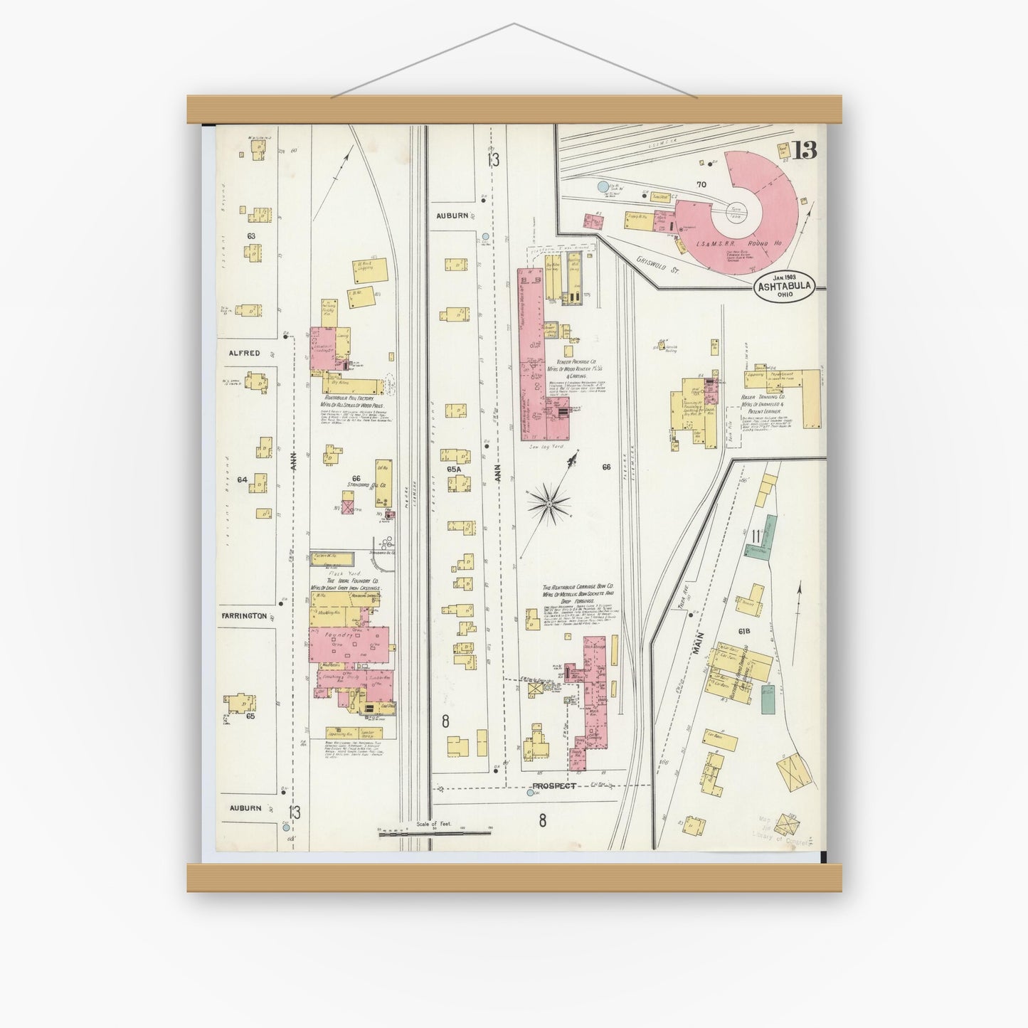 Old map wall art mockup — magnetic wood frame on white wall — Sanborn Fire Insurance Map from Ashtabula, Ashtabula County, Ohio (1903), Sheet #0013
