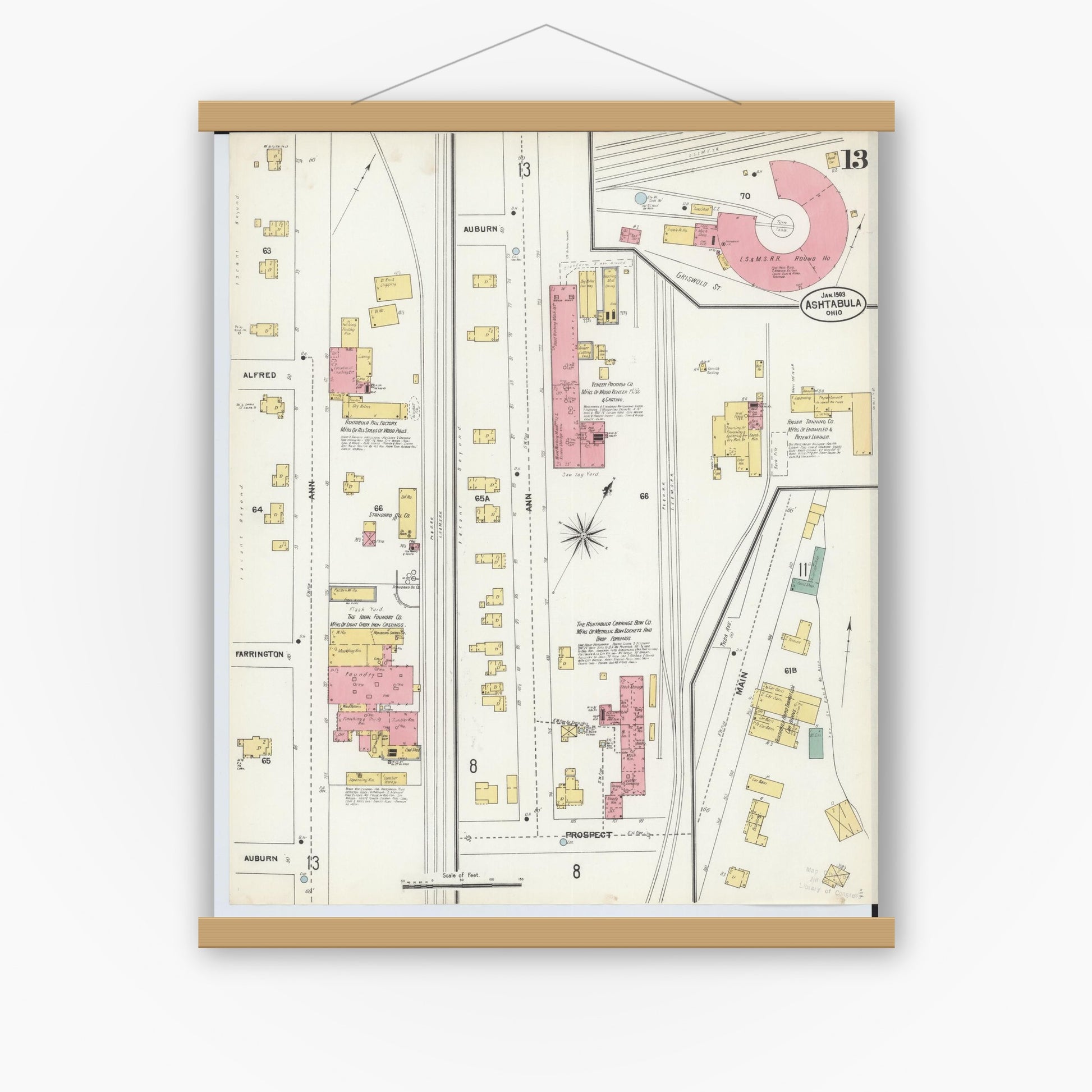 Old map wall art mockup — magnetic wood frame on white wall — Sanborn Fire Insurance Map from Ashtabula, Ashtabula County, Ohio (1903), Sheet #0013