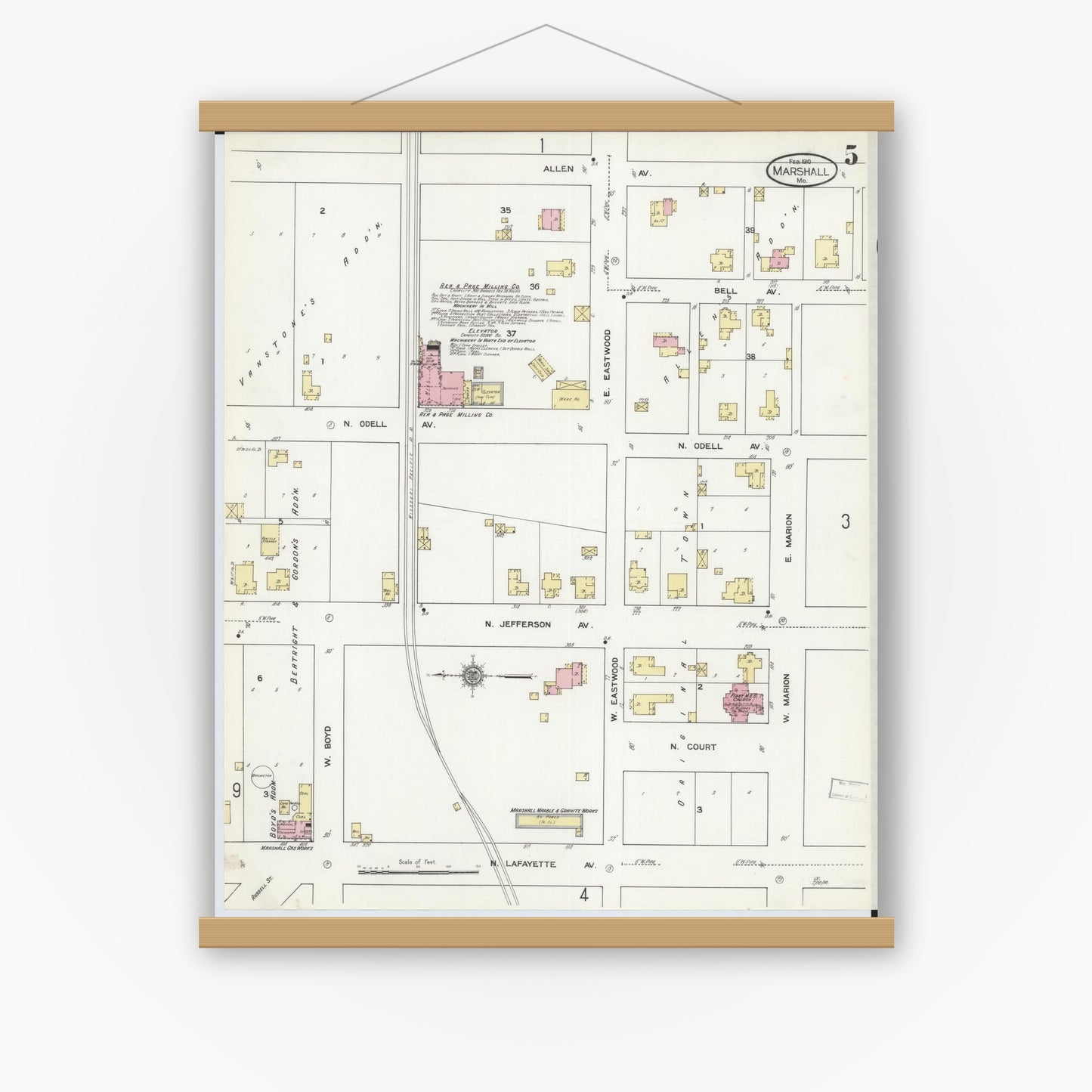 Old map wall art mockup — magnetic wood frame on white wall — Sanborn Fire Insurance Map from Marshall, Saline County, Missouri (1910), Sheet #0005