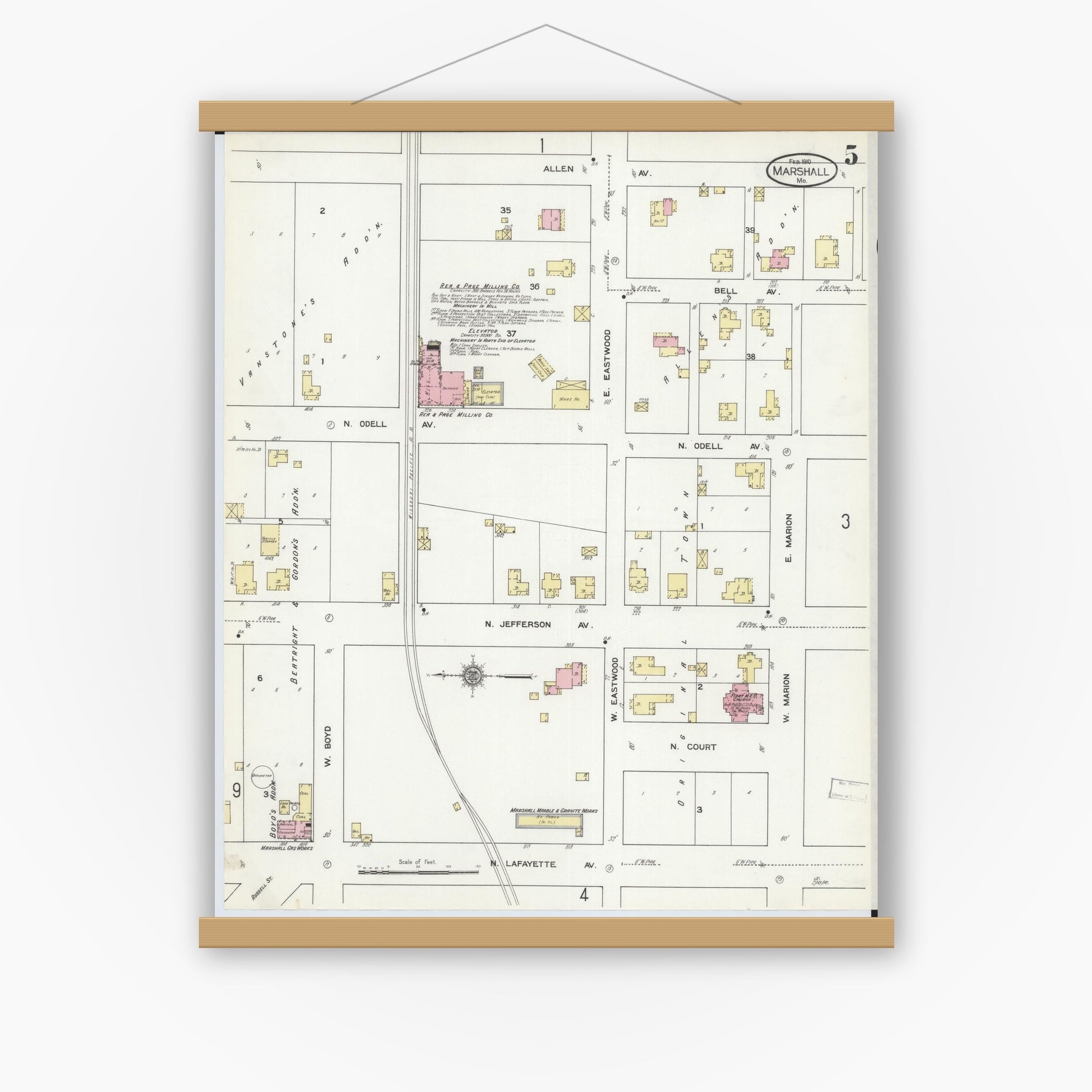 Old map wall art mockup — magnetic wood frame on white wall — Sanborn Fire Insurance Map from Marshall, Saline County, Missouri (1910), Sheet #0005