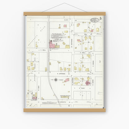 Old map wall art mockup — magnetic wood frame on white wall — Sanborn Fire Insurance Map from Marshall, Saline County, Missouri (1910), Sheet #0005