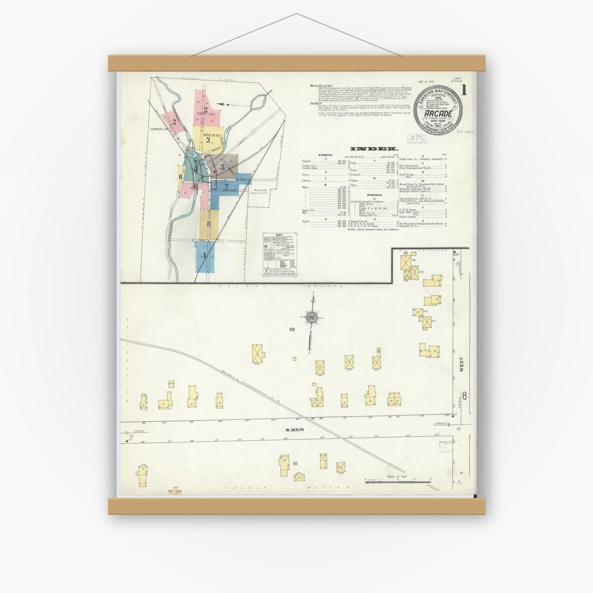 Old map wall art mockup — magnetic wood frame on white wall — Sanborn Fire Insurance Map from Arcade, Wyoming County, New York (1912) - Complete Map Set