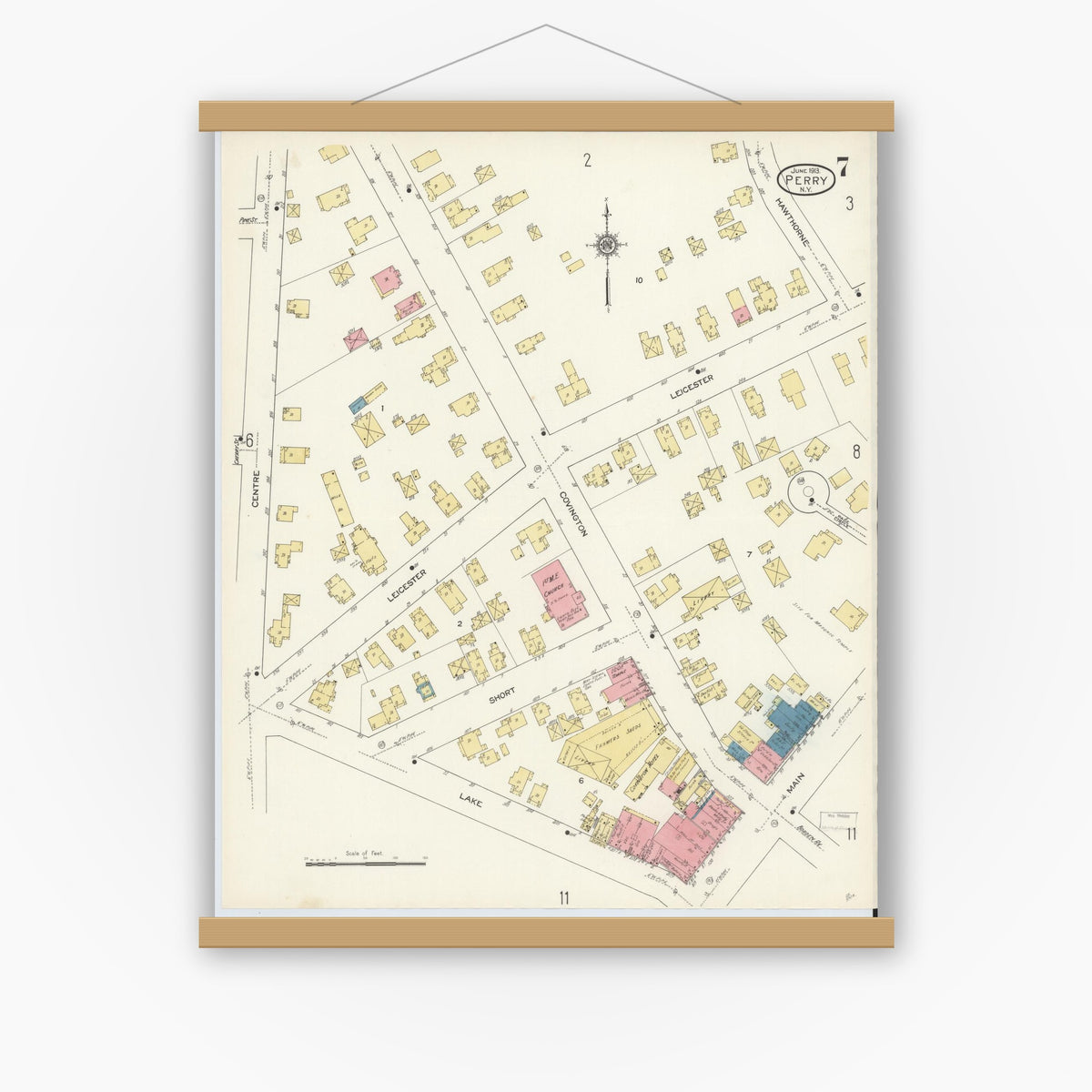 Old map wall art mockup — magnetic wood frame on white wall — Sanborn Fire Insurance Map from Perry, Wyoming County, New York (1913), Sheet #0007