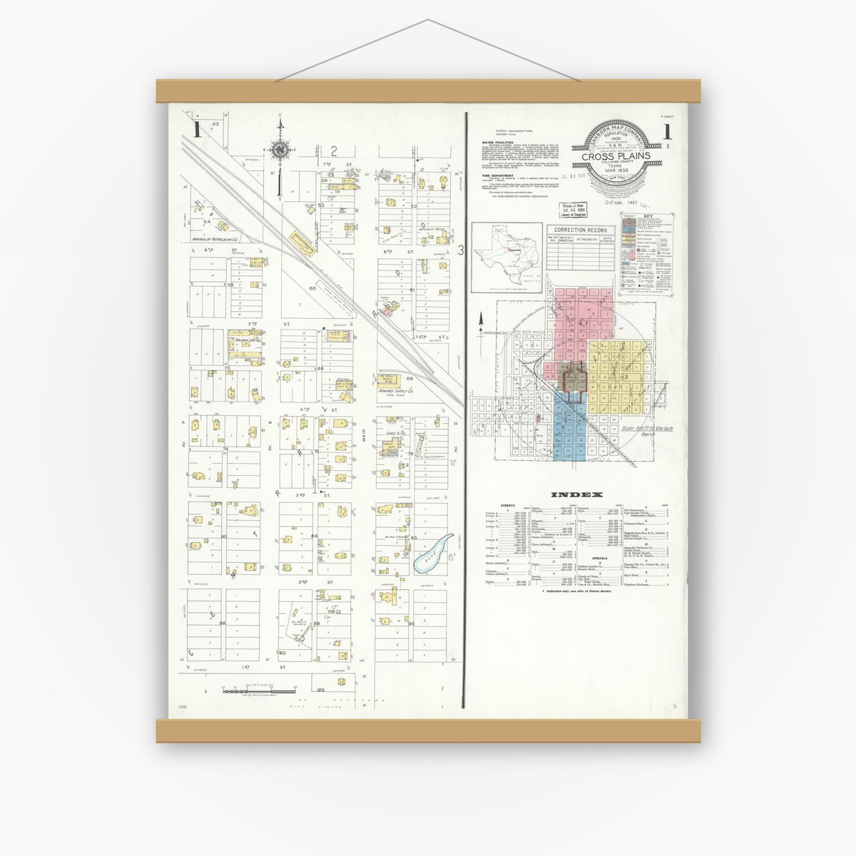 Old map wall art mockup — magnetic wood frame on white wall — Sanborn Fire Insurance Map from Cross Plains, Callahan County, Texas (1939) - Complete Map Set