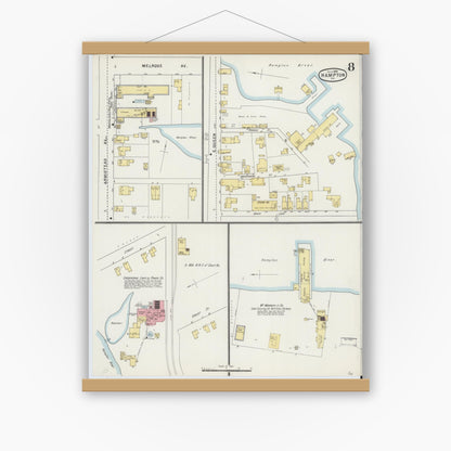 Old map wall art mockup — magnetic wood frame on white wall — Sanborn Fire Insurance Map from Hampton, Independent Cities, Virginia (1895), Sheet #0008