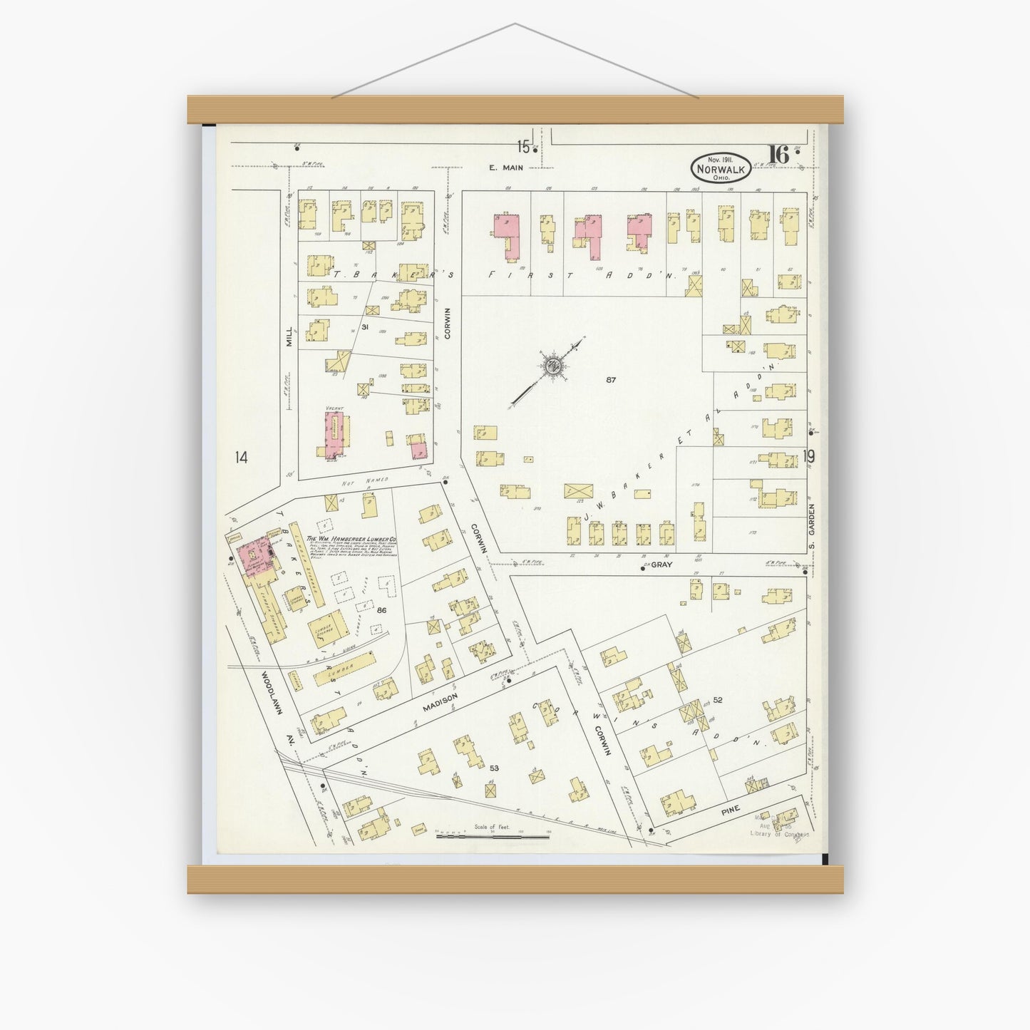 Old map wall art mockup — magnetic wood frame on white wall — Sanborn Fire Insurance Map from Norwalk, Huron County, Ohio (1911), Sheet #0016