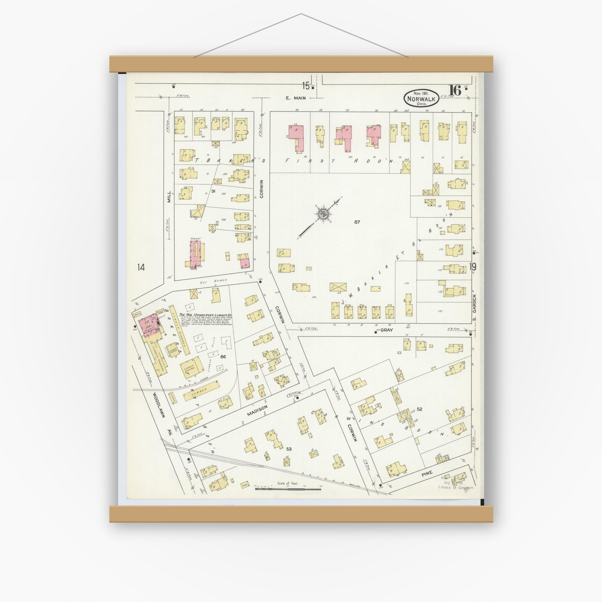 Old map wall art mockup — magnetic wood frame on white wall — Sanborn Fire Insurance Map from Norwalk, Huron County, Ohio (1911), Sheet #0016