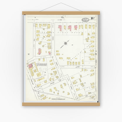 Old map wall art mockup — magnetic wood frame on white wall — Sanborn Fire Insurance Map from Norwalk, Huron County, Ohio (1911), Sheet #0016