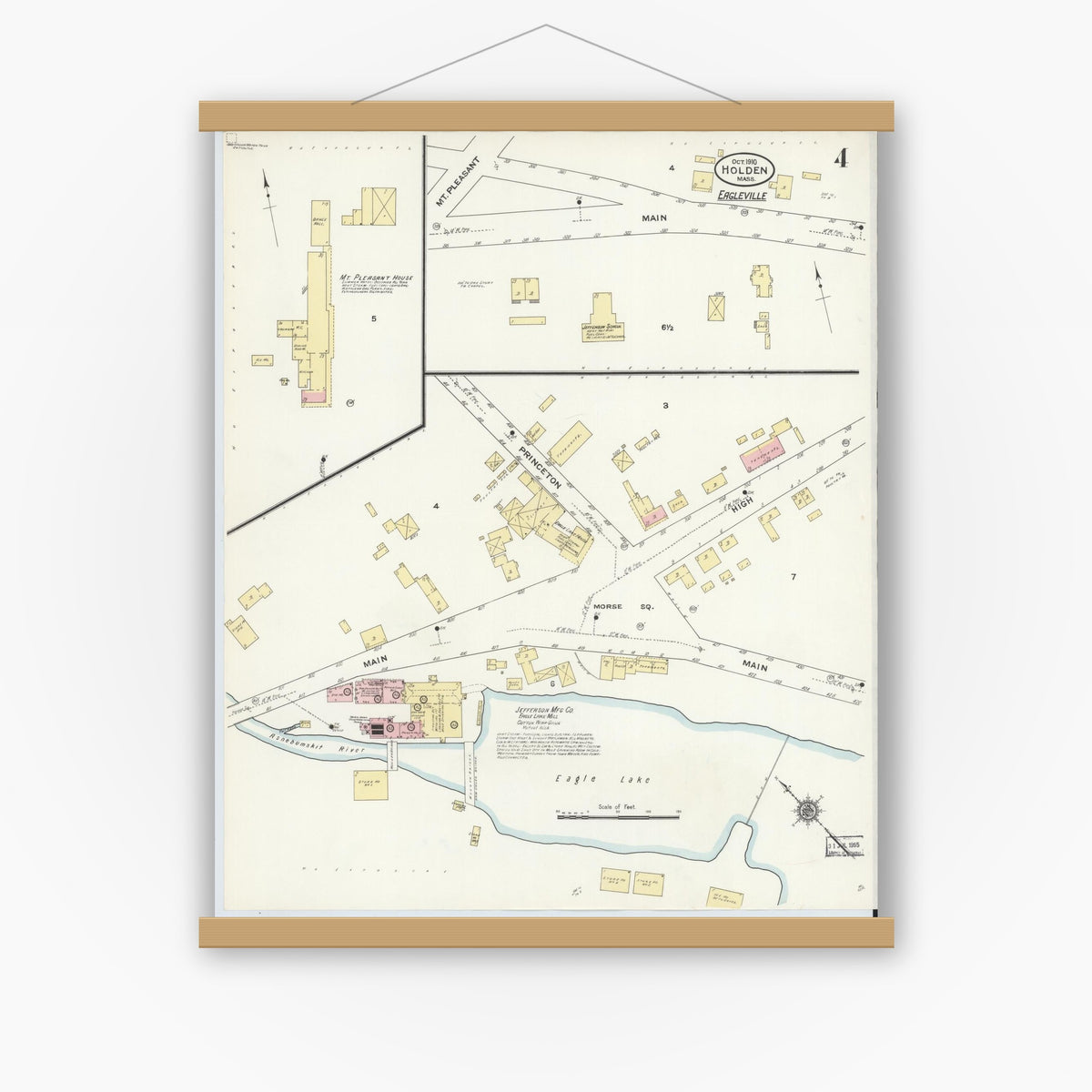 Old map wall art mockup — magnetic wood frame on white wall — Sanborn Fire Insurance Map from Holden, Worcester County, Massachusetts (1910), Sheet #0004