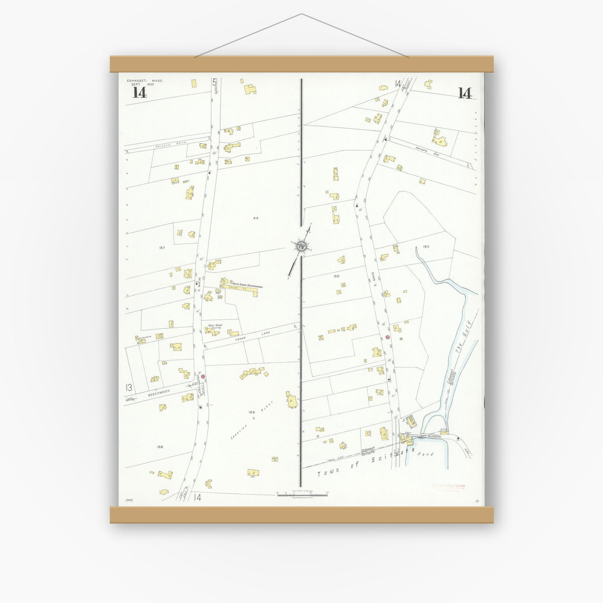 Old map wall art mockup — magnetic wood frame on white wall — Sanborn Fire Insurance Map from Cohasset, Norfolk County, Massachusetts (1935), Sheet #0014