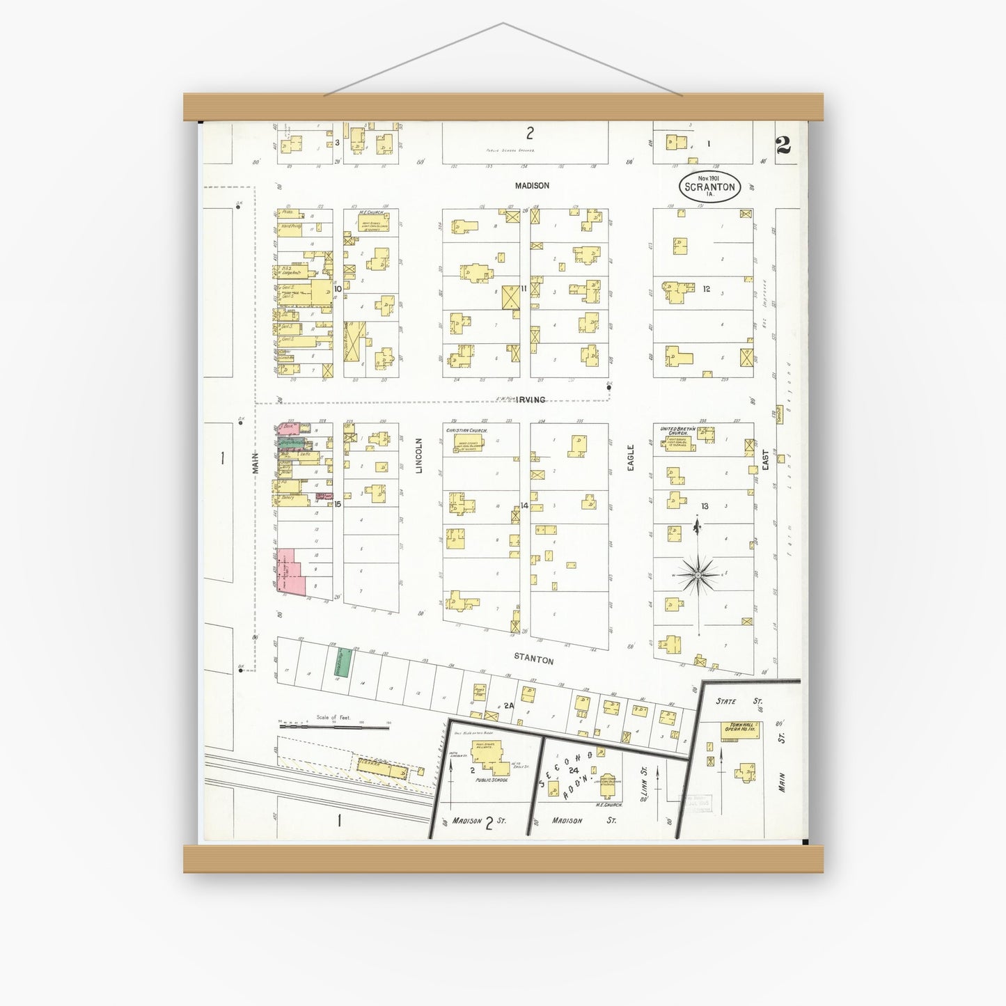 Old map wall art mockup — magnetic wood frame on white wall — Sanborn Fire Insurance Map from Scranton, Greene County, Iowa (1901), Sheet #0002