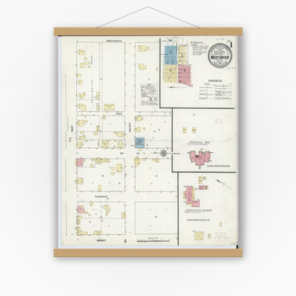 Old map wall art mockup — magnetic wood frame on white wall — Sanborn Fire Insurance Map from West Union, Adams County, Ohio (1912) - Complete Map Set