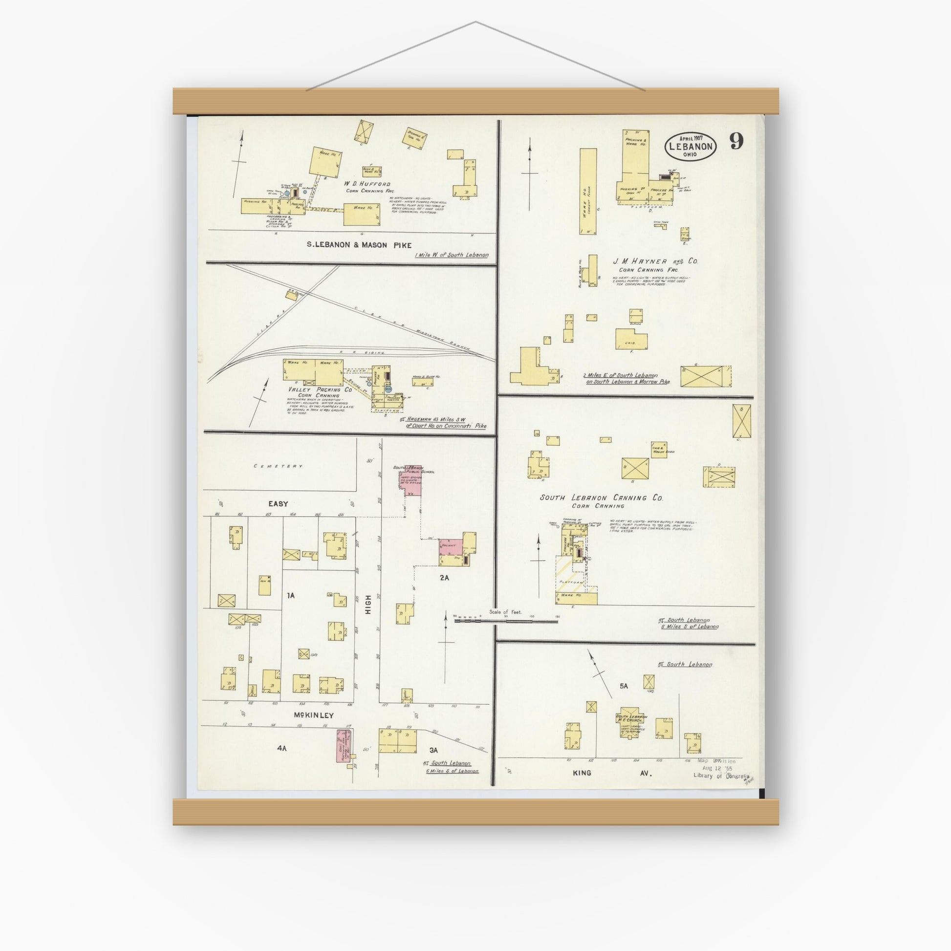 Old map wall art mockup — magnetic wood frame on white wall — Sanborn Fire Insurance Map from Lebanon, Warren County, Ohio (1907), Sheet #0009