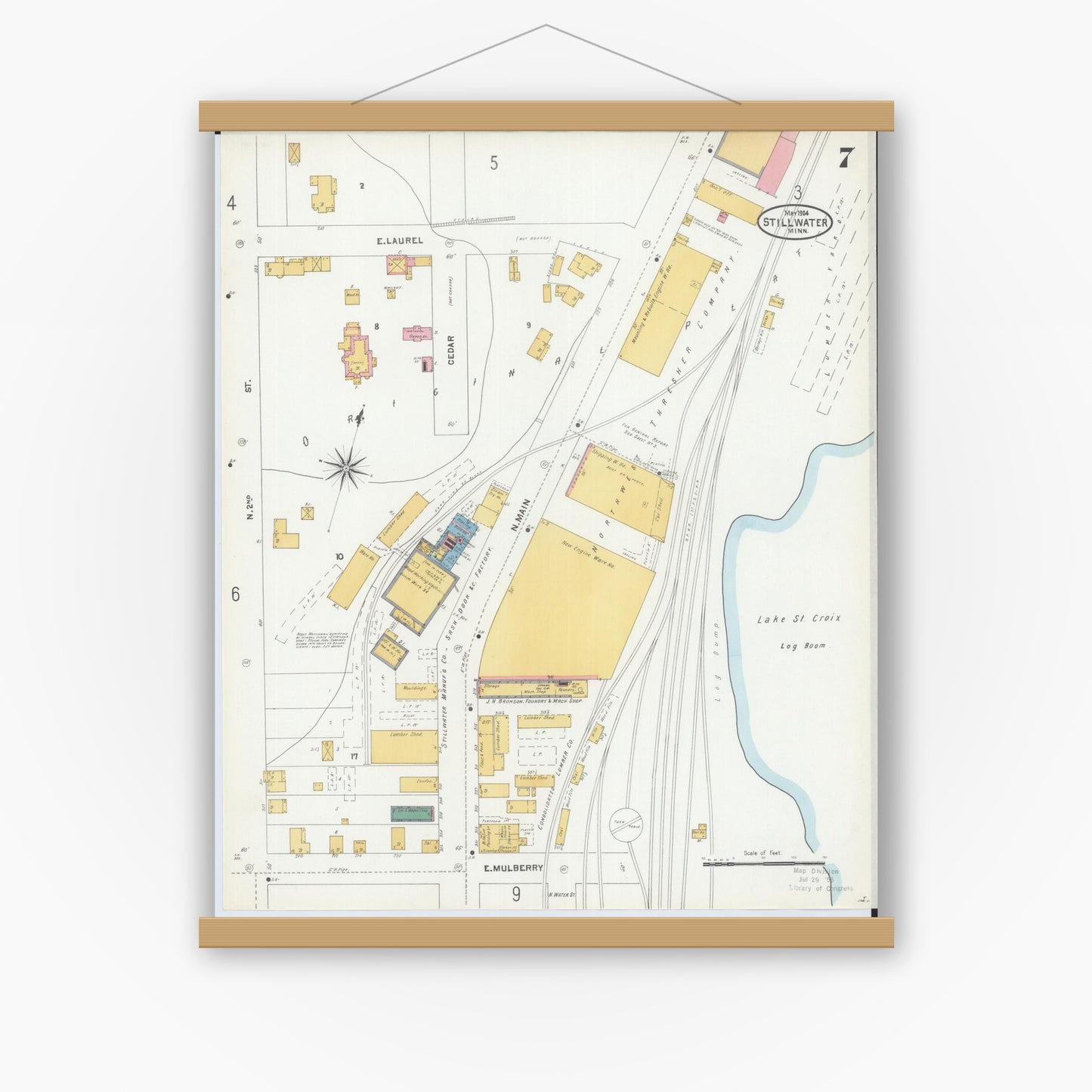 Old map wall art mockup — magnetic wood frame on white wall — Sanborn Fire Insurance Map from Stillwater, Washington County, Minnesota (1904), Sheet #0007