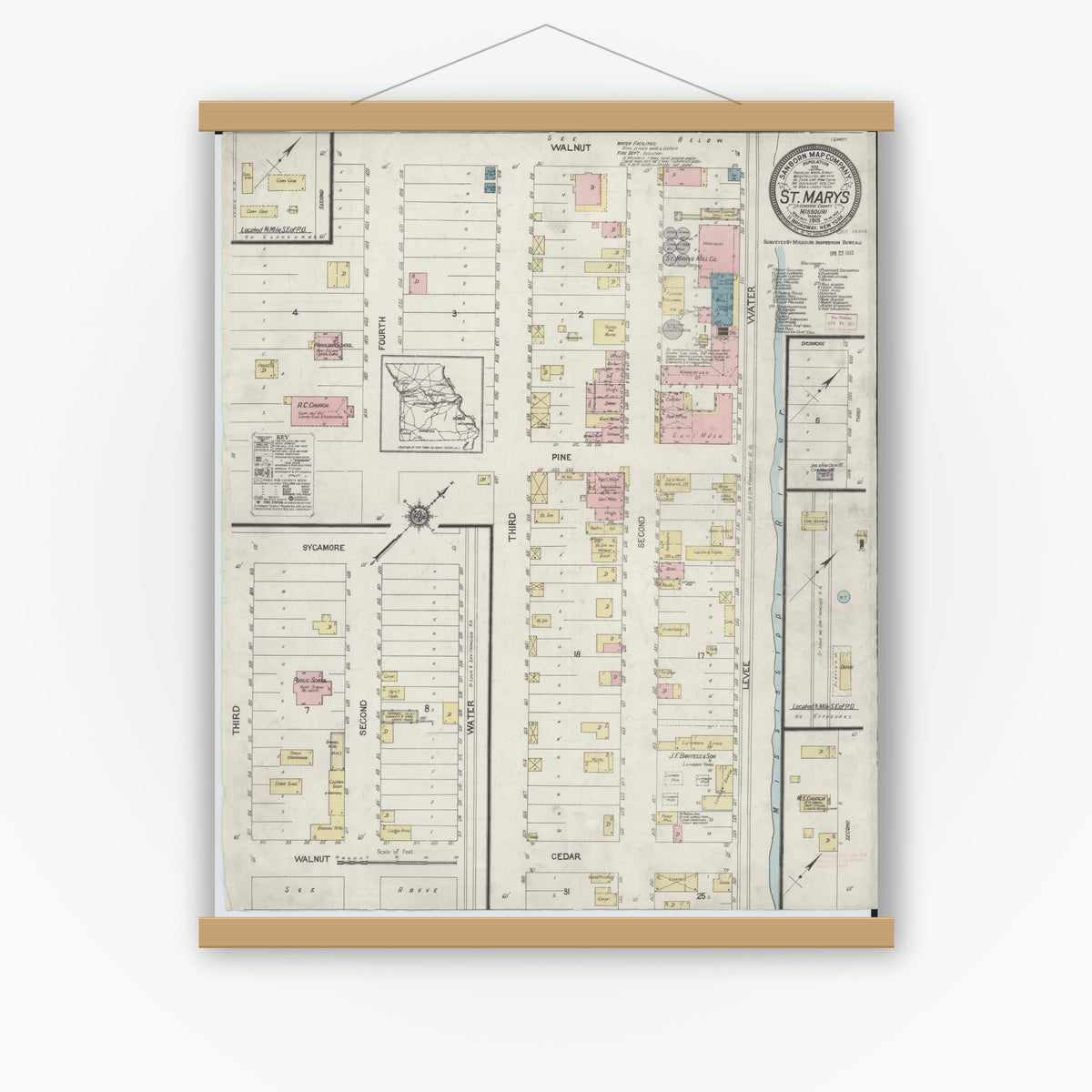 Old map wall art mockup — magnetic wood frame on white wall — Sanborn Fire Insurance Map from Saint Marys, Saint Genevieve County, Missouri (1915), Sheet #0001