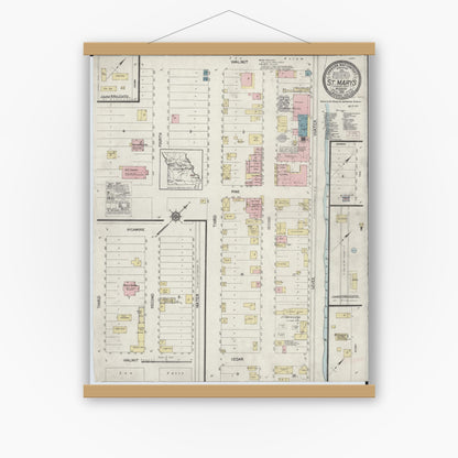 Old map wall art mockup — magnetic wood frame on white wall — Sanborn Fire Insurance Map from Saint Marys, Saint Genevieve County, Missouri (1915), Sheet #0001