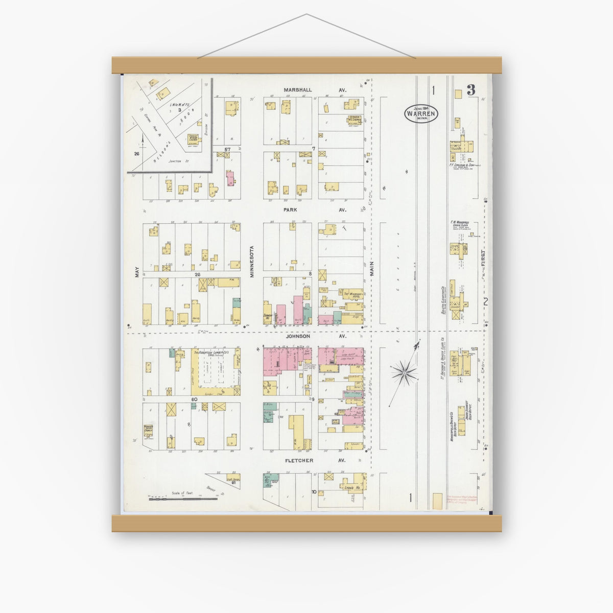 Old map wall art mockup — magnetic wood frame on white wall — Sanborn Fire Insurance Map from Warren, Marshall County, Minnesota (1904), Sheet #0003