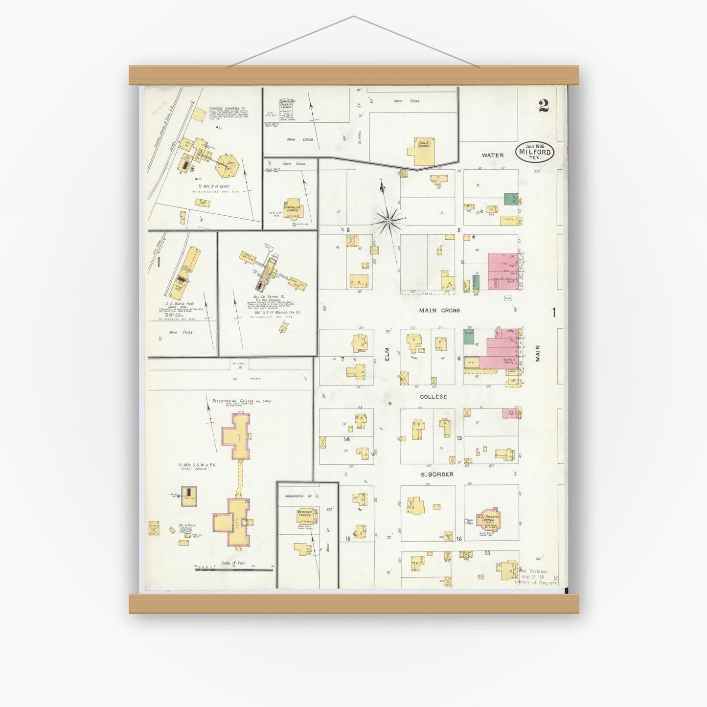 Old map wall art mockup — magnetic wood frame on white wall — Sanborn Fire Insurance Map from Milford, Ellis County, Texas (1905), Sheet #0002