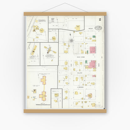 Old map wall art mockup — magnetic wood frame on white wall — Sanborn Fire Insurance Map from Milford, Ellis County, Texas (1905), Sheet #0002