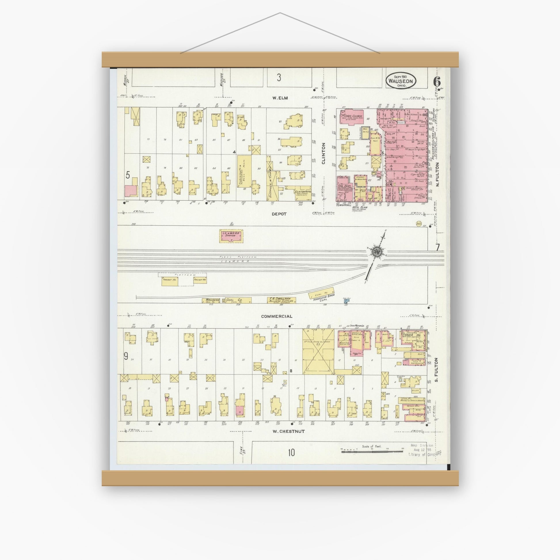 Old map wall art mockup — magnetic wood frame on white wall — Sanborn Fire Insurance Map from Wauseon, Fulton County, Ohio (1910), Sheet #0006