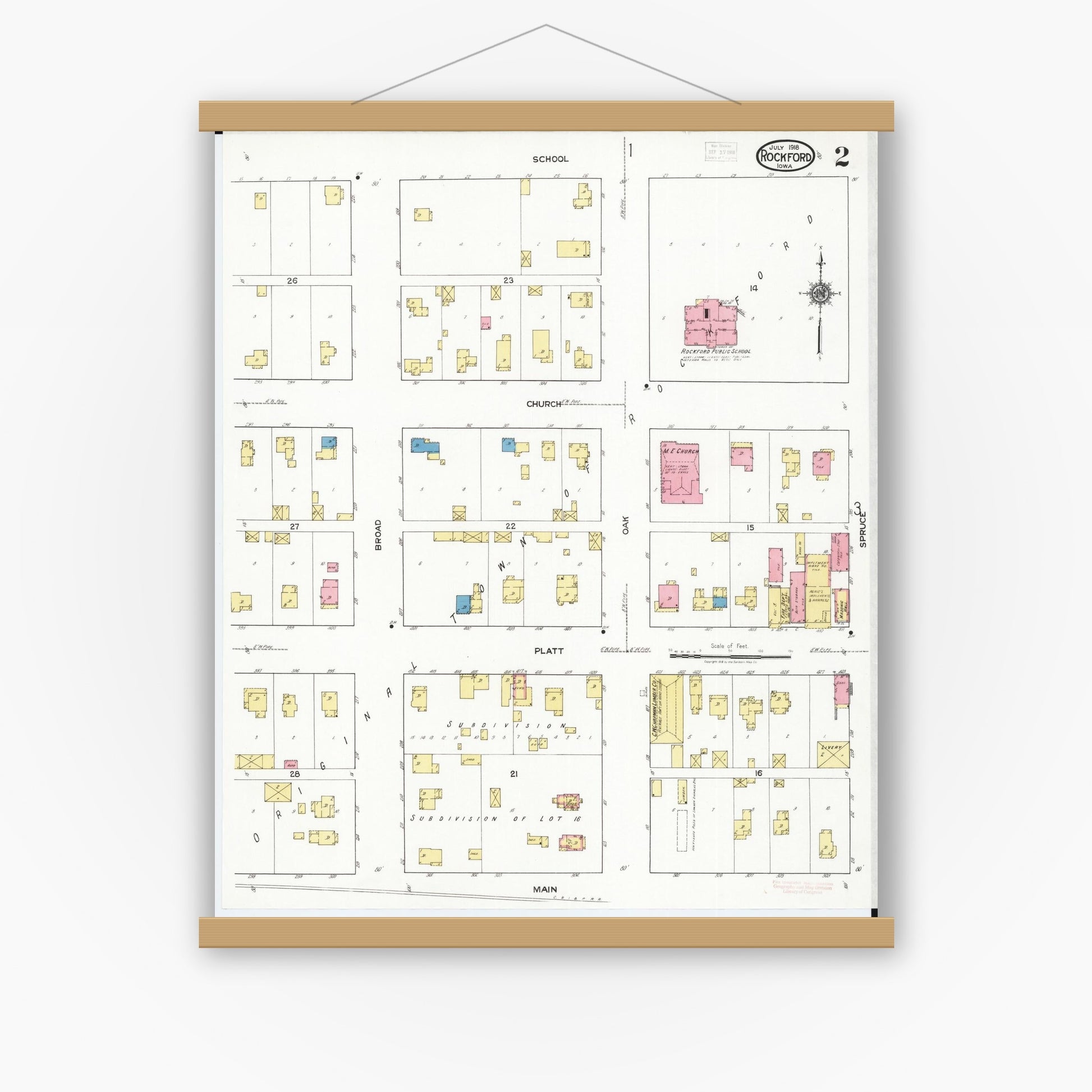 Old map wall art mockup — magnetic wood frame on white wall — Sanborn Fire Insurance Map from Rockford, Floyd County, Iowa (1918), Sheet #0002