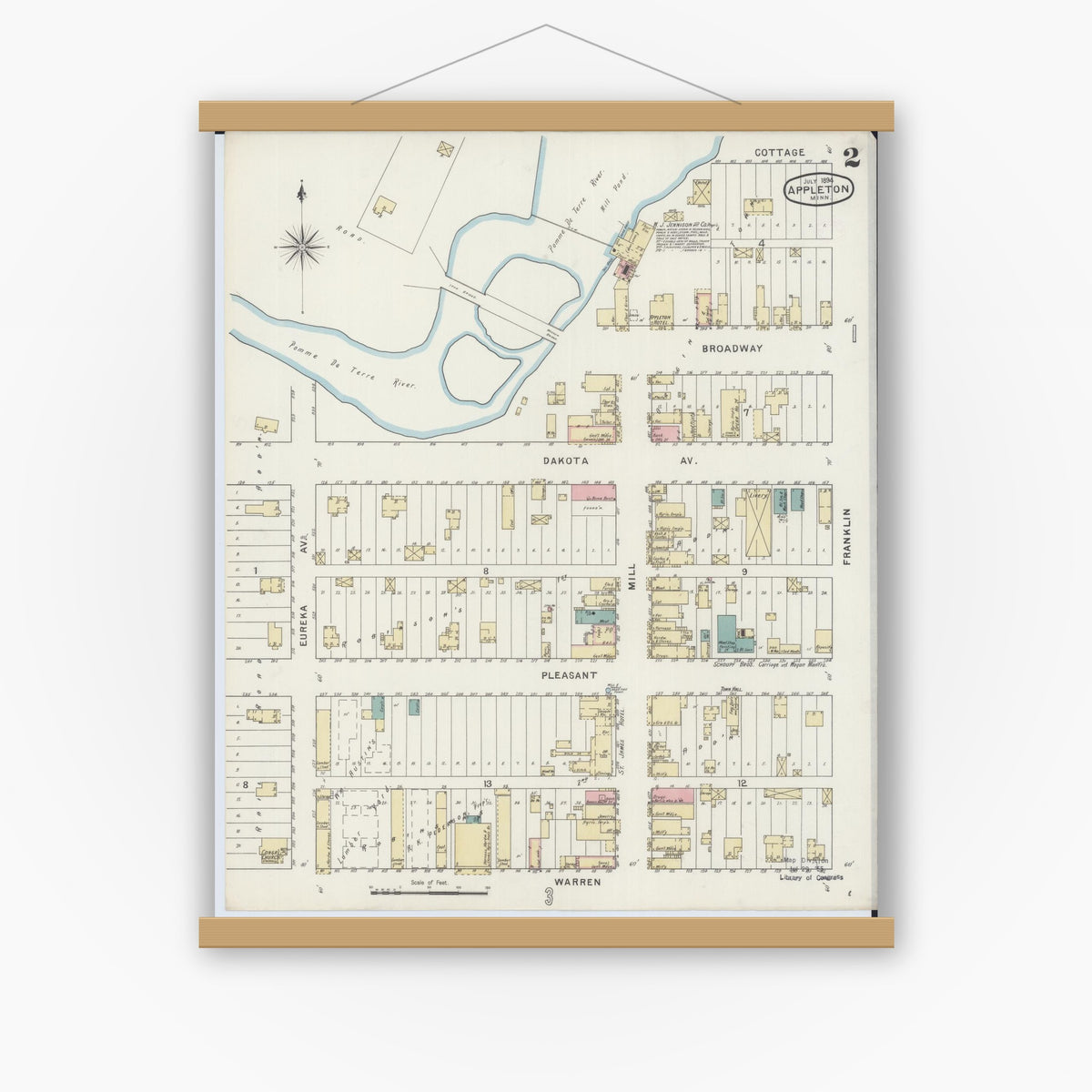 Old map wall art mockup — magnetic wood frame on white wall — Sanborn Fire Insurance Map from Appleton, Swift County, Minnesota (1894), Sheet #0002