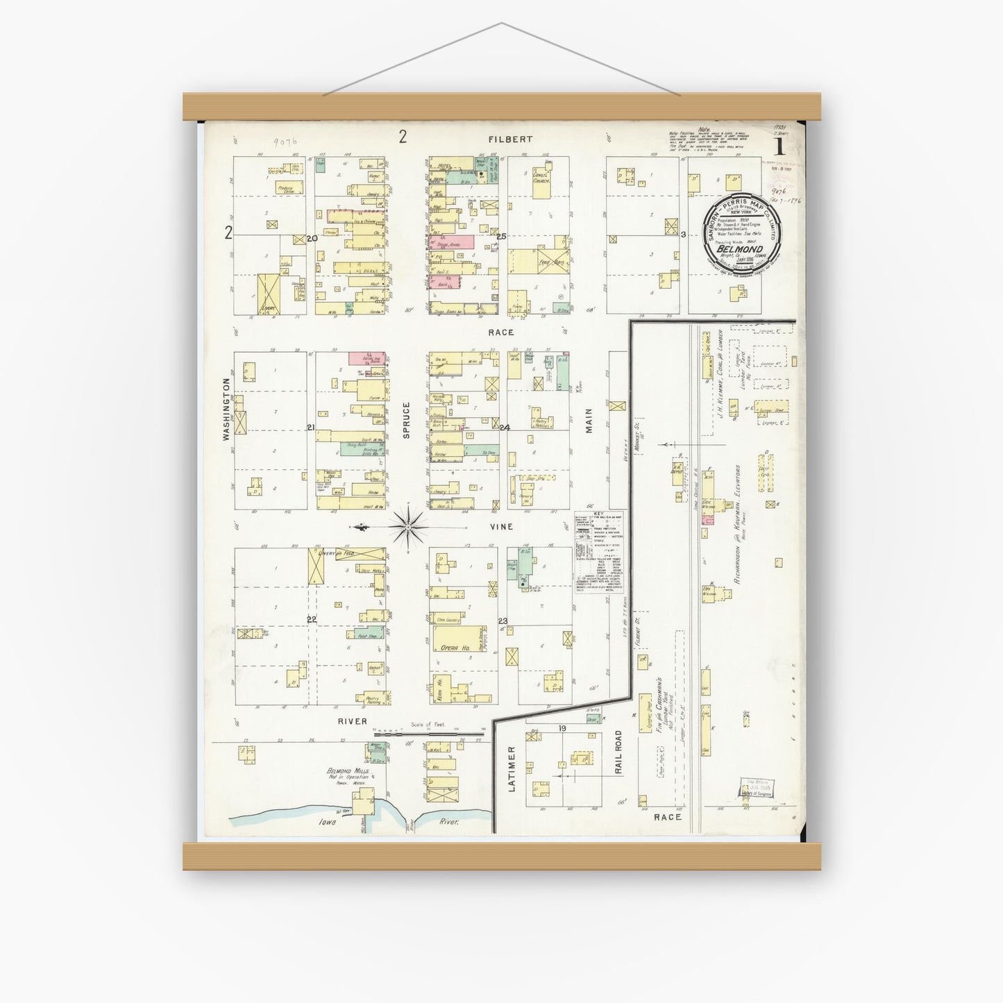 Old map wall art mockup — magnetic wood frame on white wall — Sanborn Fire Insurance Map from Belmond, Wright County, Iowa (1896) â€” Complete Set