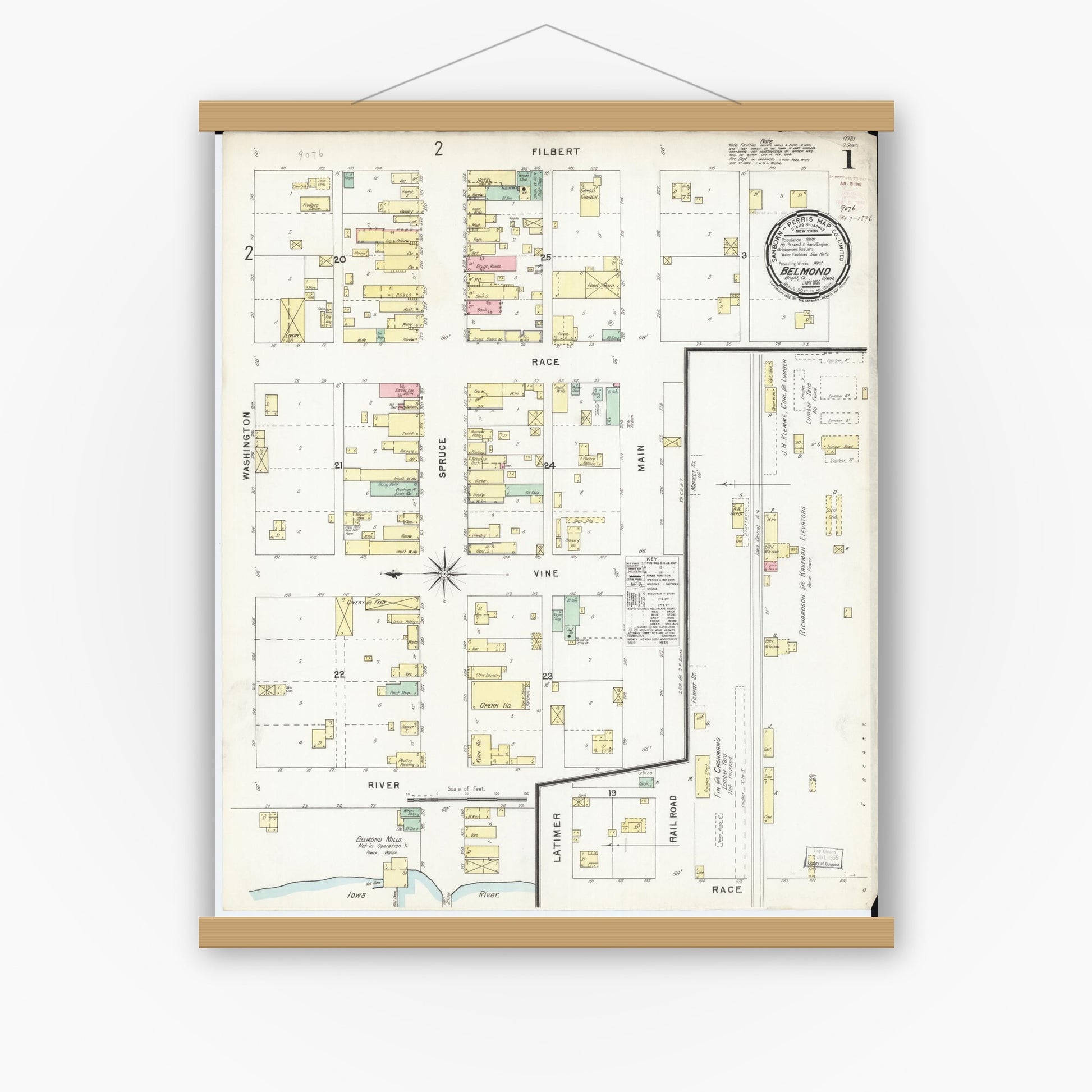 Old map wall art mockup — magnetic wood frame on white wall — Sanborn Fire Insurance Map from Belmond, Wright County, Iowa (1896) â€” Complete Set