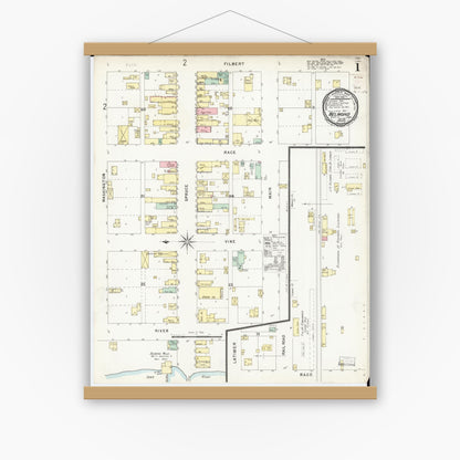 Old map wall art mockup — magnetic wood frame on white wall — Sanborn Fire Insurance Map from Belmond, Wright County, Iowa (1896) â€” Complete Set