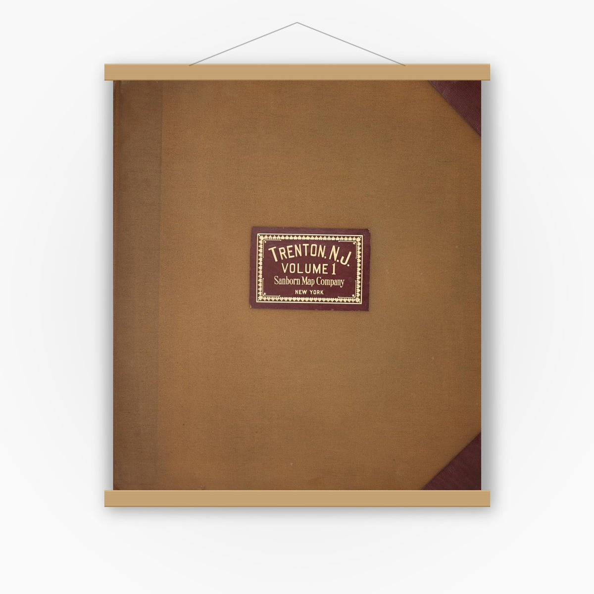 Old map wall art mockup — magnetic wood frame on white wall — Sanborn Fire Insurance Map from Trenton, Mercer County, New Jersey (1950), Sheet #0001