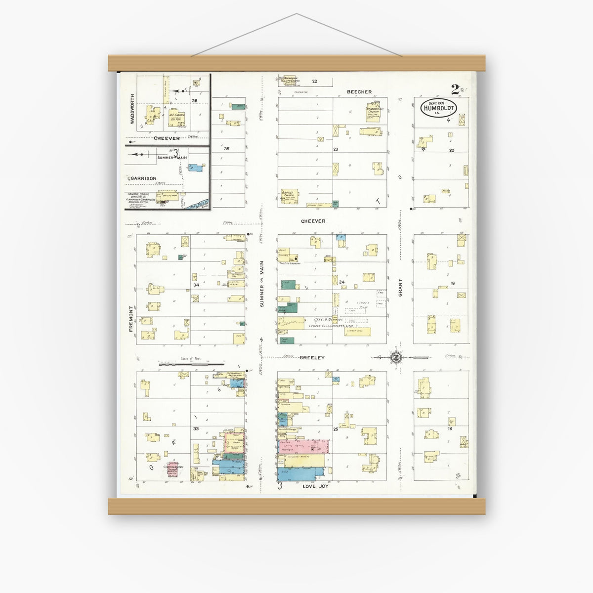 Old map wall art mockup — magnetic wood frame on white wall — Sanborn Fire Insurance Map from Humboldt, Humboldt County, Iowa (1909), Sheet #0002