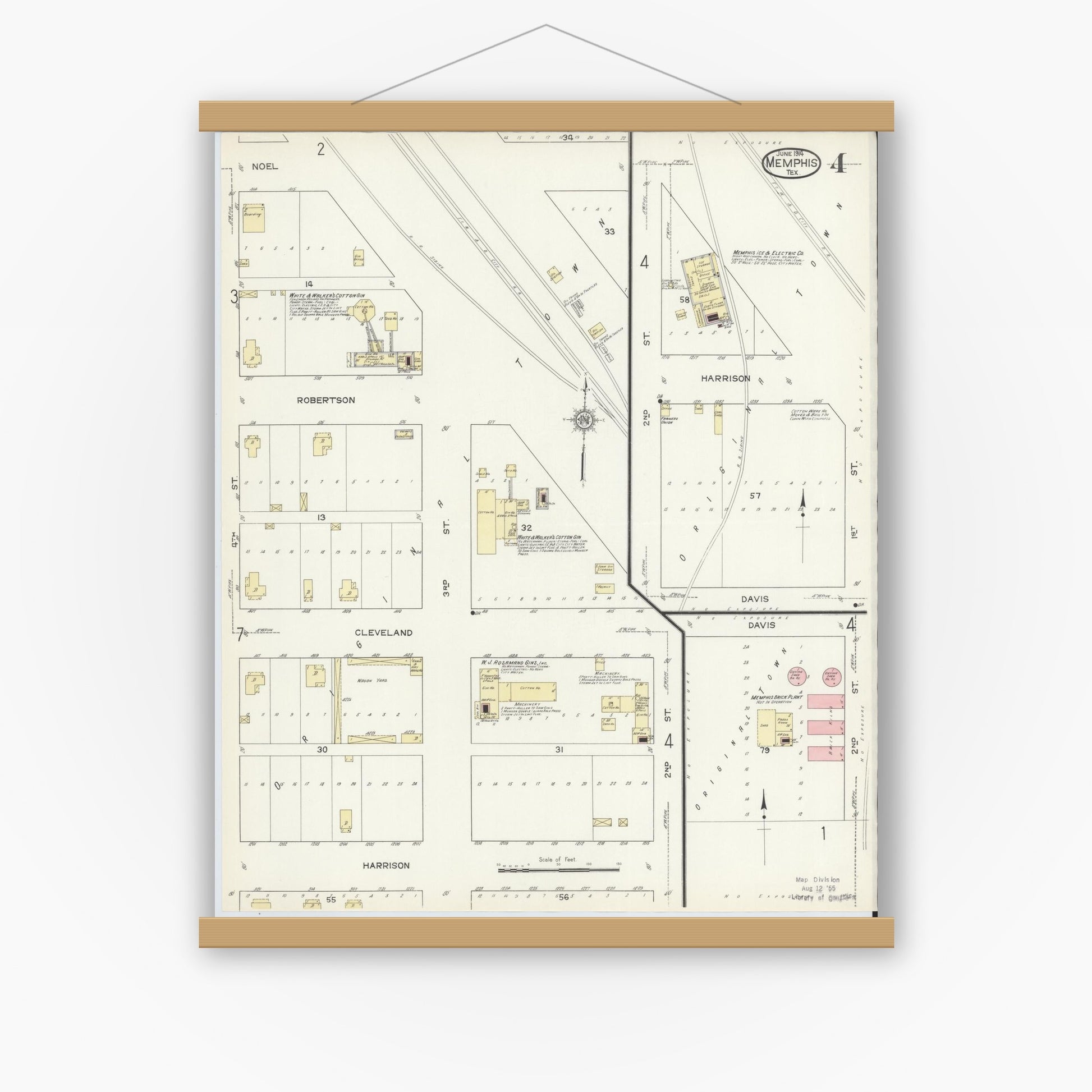 Old map wall art mockup — magnetic wood frame on white wall — Sanborn Fire Insurance Map from Memphis, Hall County, Texas (1914), Sheet #0004