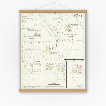 Old map wall art mockup — magnetic wood frame on white wall — Sanborn Fire Insurance Map from Memphis, Hall County, Texas (1914), Sheet #0004