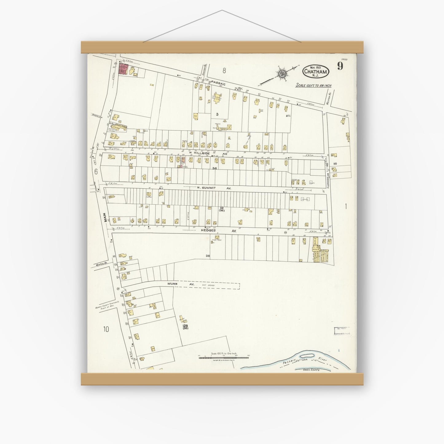 Old map wall art mockup — magnetic wood frame on white wall — Sanborn Fire Insurance Map from Chatham, Morris County, New Jersey (1921), Sheet #0009
