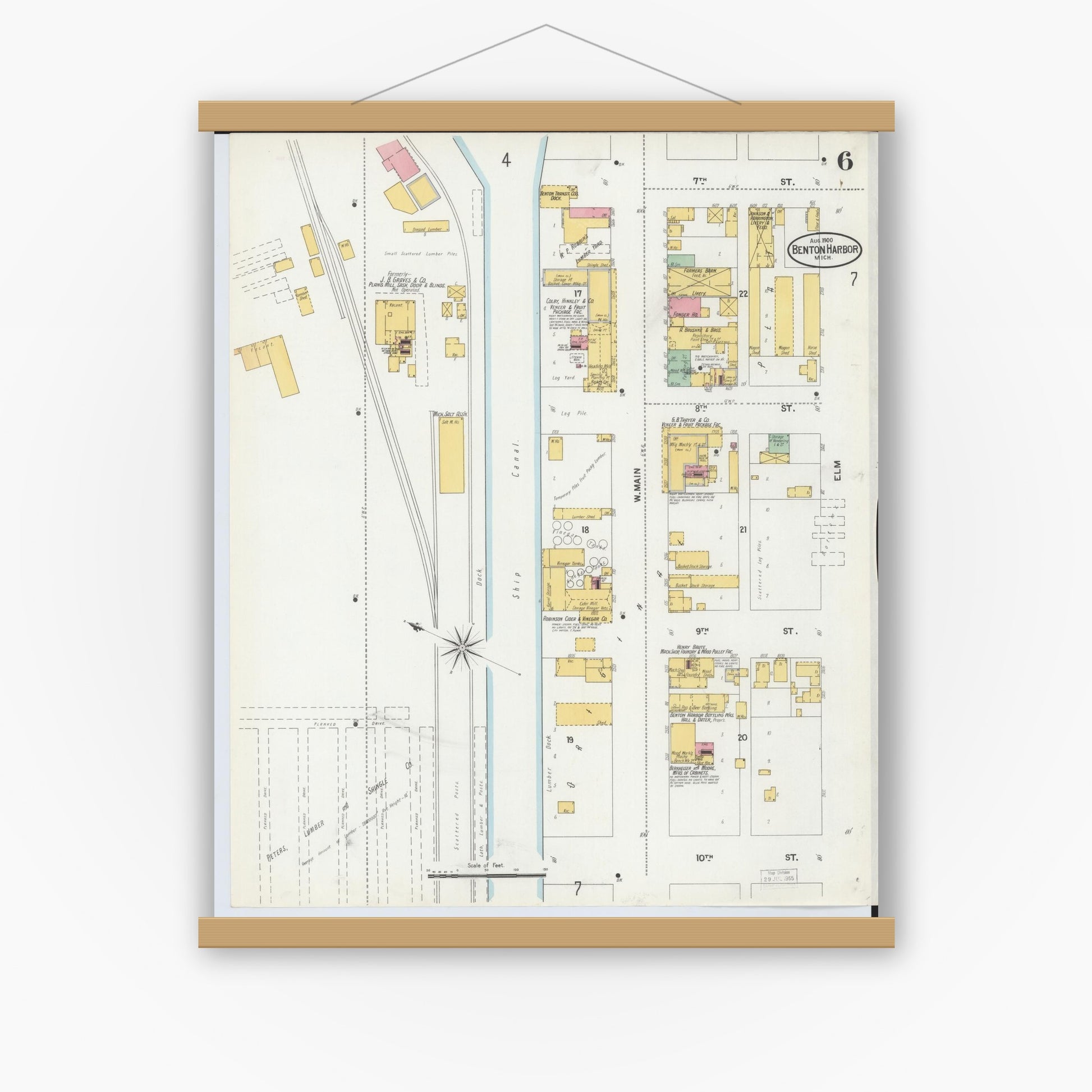 Old map wall art mockup — magnetic wood frame on white wall — Sanborn Fire Insurance Map from Benton Harbor, Berrien County, Michigan (1900), Sheet #0006