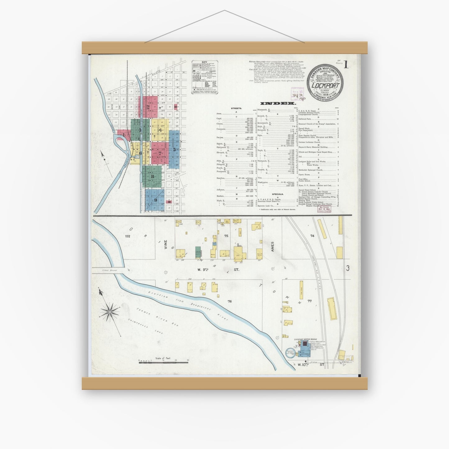 Old map wall art mockup — magnetic wood frame on white wall — Sanborn Fire Insurance Map from Lockport, Will County, Illinois (1909) - Complete Map Set