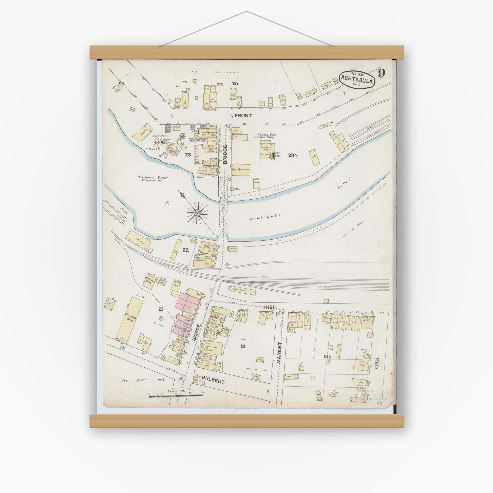 Old map wall art mockup — magnetic wood frame on white wall — Sanborn Fire Insurance Map from Ashtabula, Ashtabula County, Ohio (1889), Sheet #0009