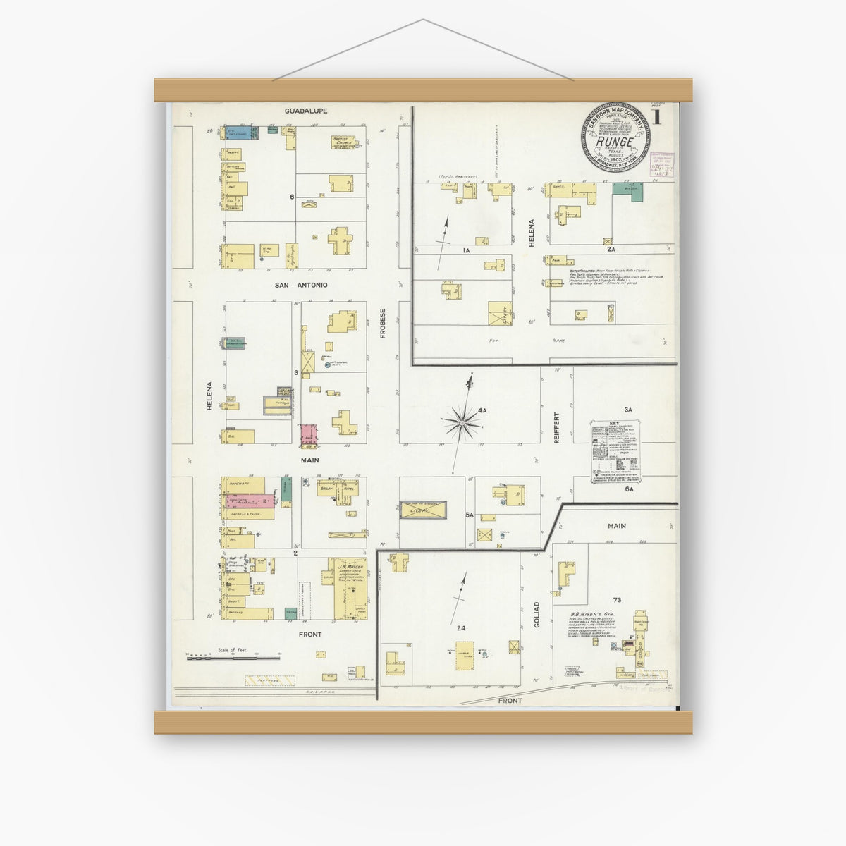 Old map wall art mockup — magnetic wood frame on white wall — Sanborn Fire Insurance Map from Runge, Karnes County, Texas (1907) - Complete Map Set