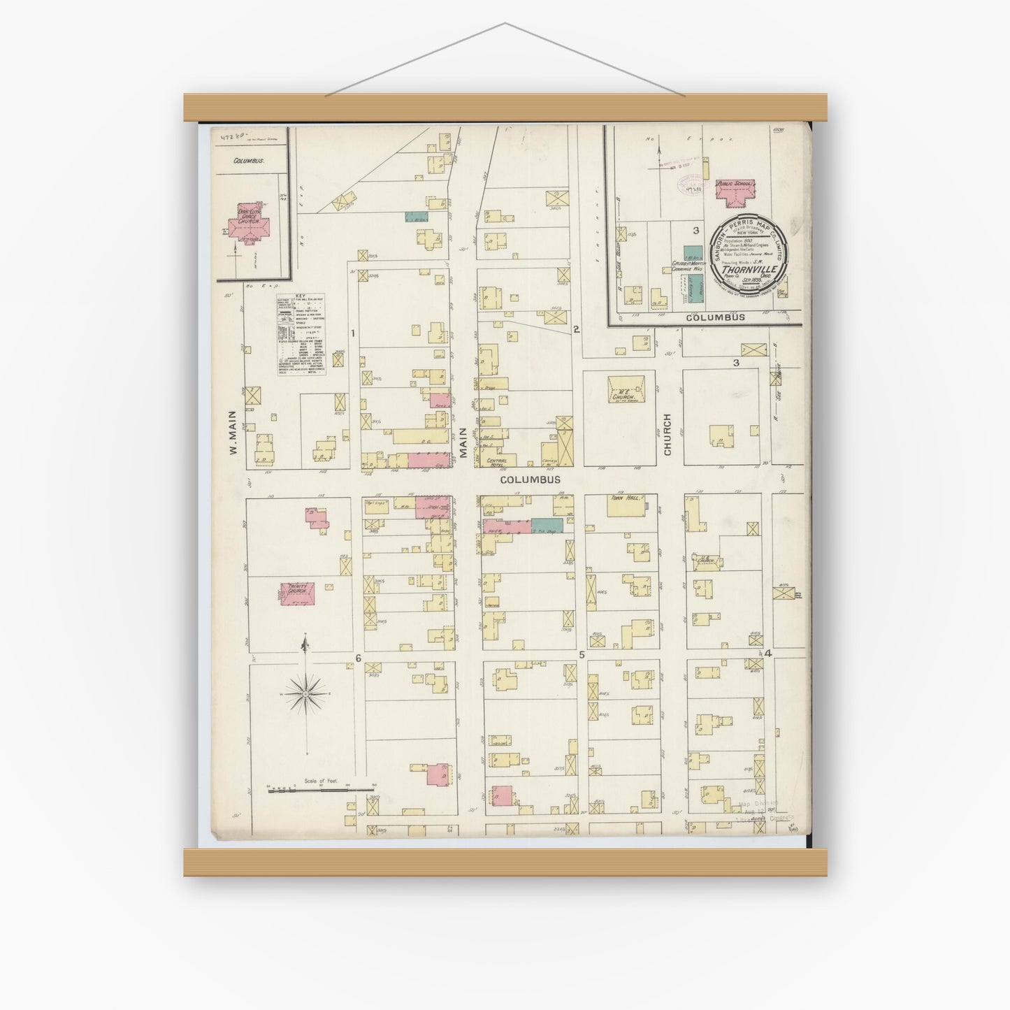 Old map wall art mockup — magnetic wood frame on white wall — Sanborn Fire Insurance Map from Thornville, Perry County, Ohio (1893), Sheet #0001