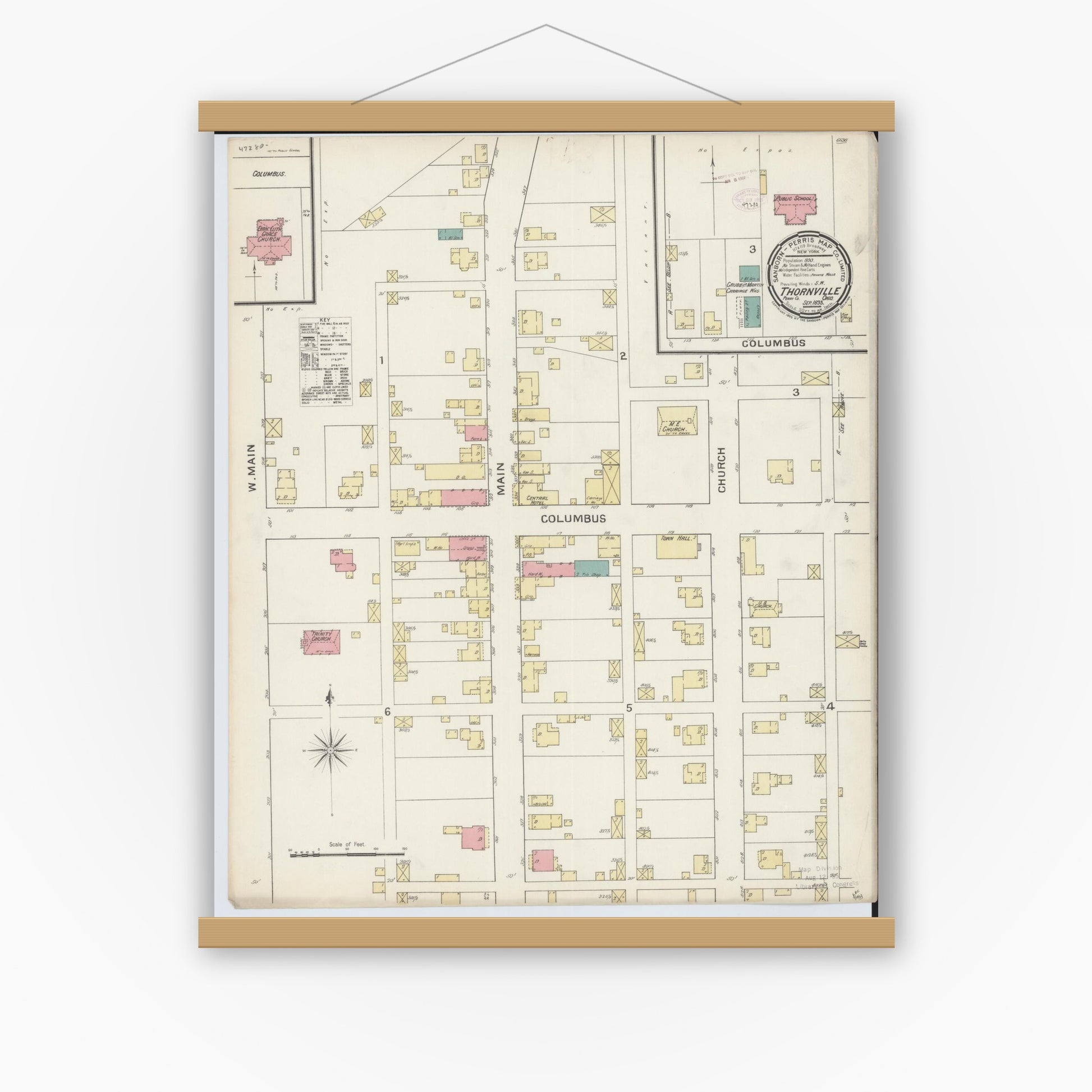 Old map wall art mockup — magnetic wood frame on white wall — Sanborn Fire Insurance Map from Thornville, Perry County, Ohio (1893), Sheet #0001