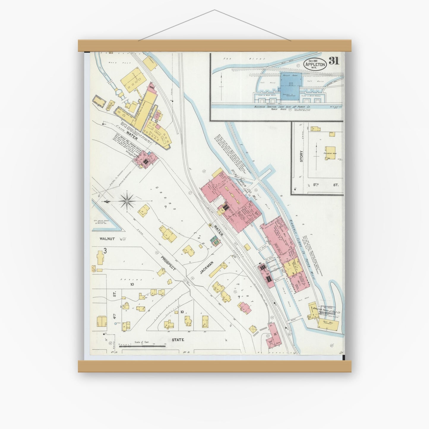 Old map wall art mockup — magnetic wood frame on white wall — Sanborn Fire Insurance Map from Appleton, Outagamie County, Wisconsin (1901), Sheet #0031