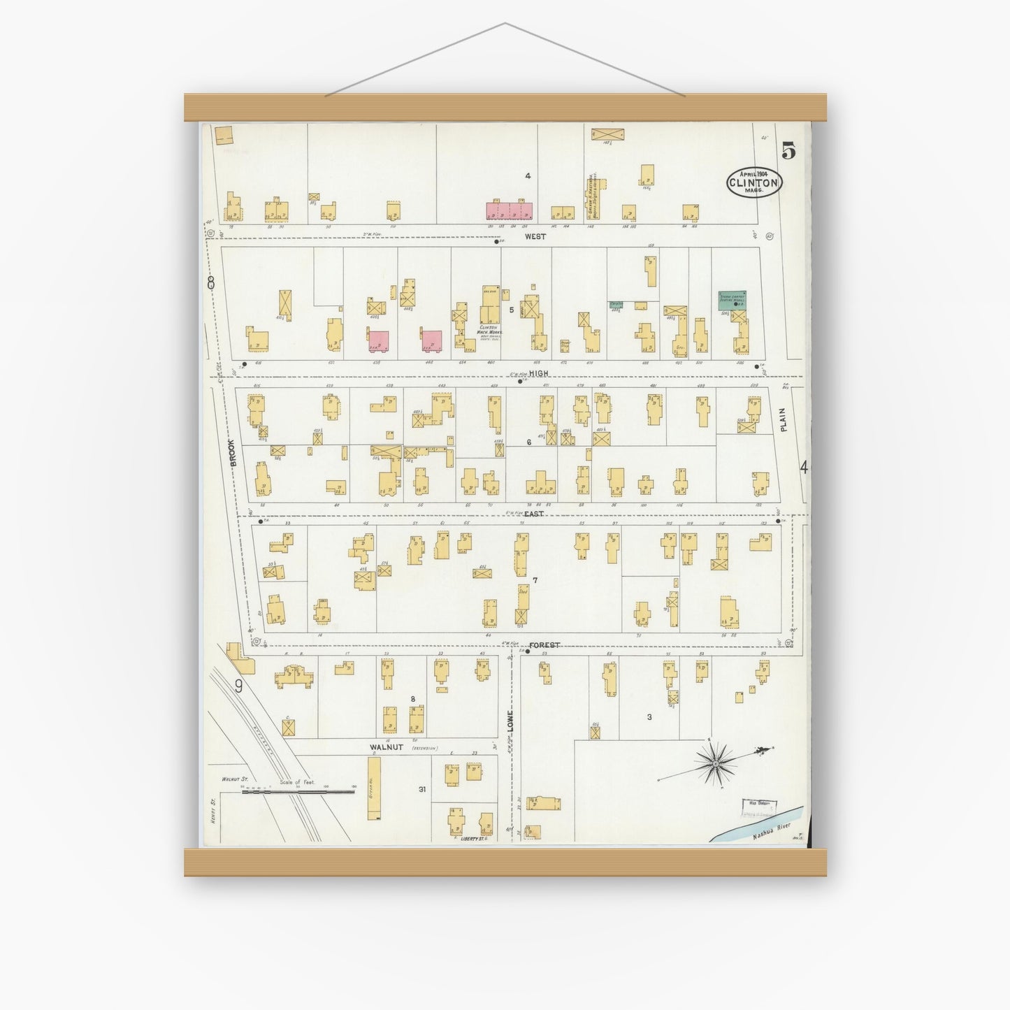 Old map wall art mockup — magnetic wood frame on white wall — Sanborn Fire Insurance Map from Clinton, Worcester County, Massachusetts (1904), Sheet #0005
