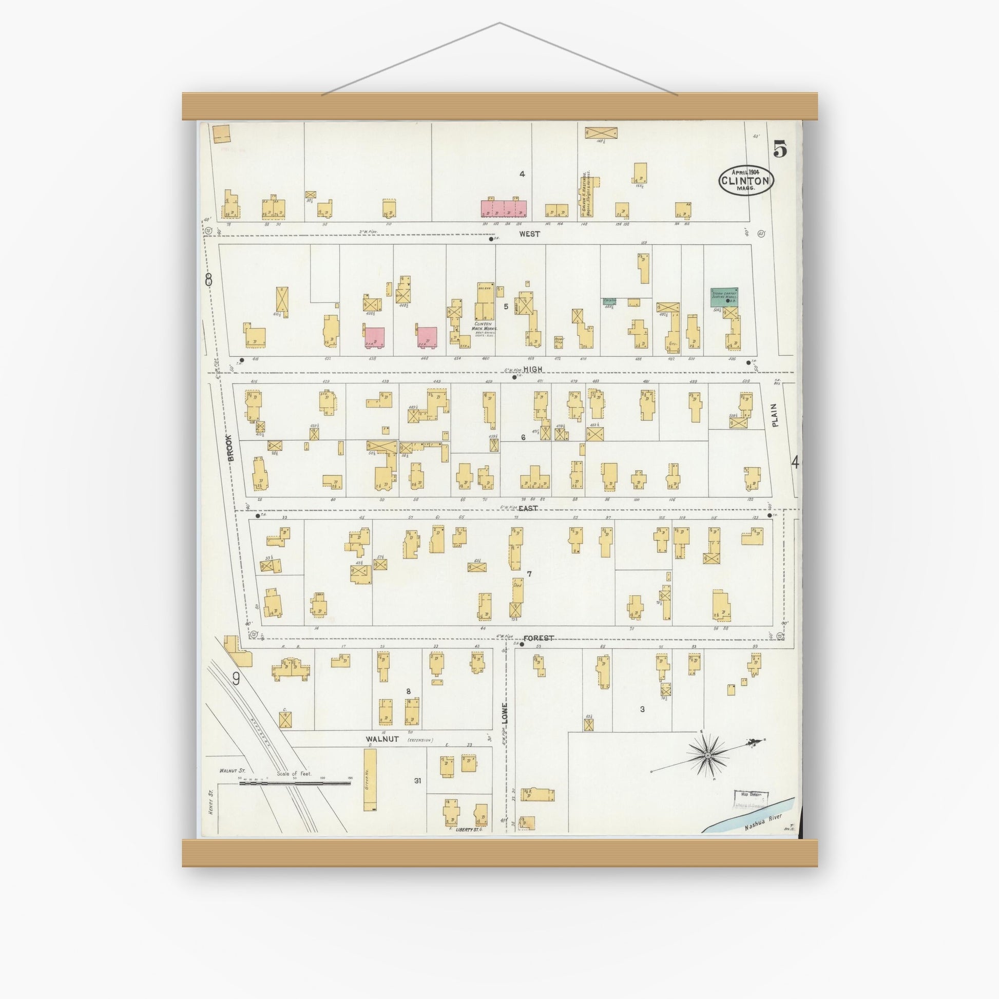 Old map wall art mockup — magnetic wood frame on white wall — Sanborn Fire Insurance Map from Clinton, Worcester County, Massachusetts (1904), Sheet #0005