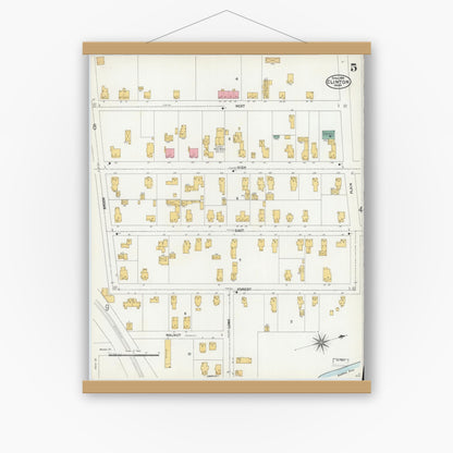 Old map wall art mockup — magnetic wood frame on white wall — Sanborn Fire Insurance Map from Clinton, Worcester County, Massachusetts (1904), Sheet #0005