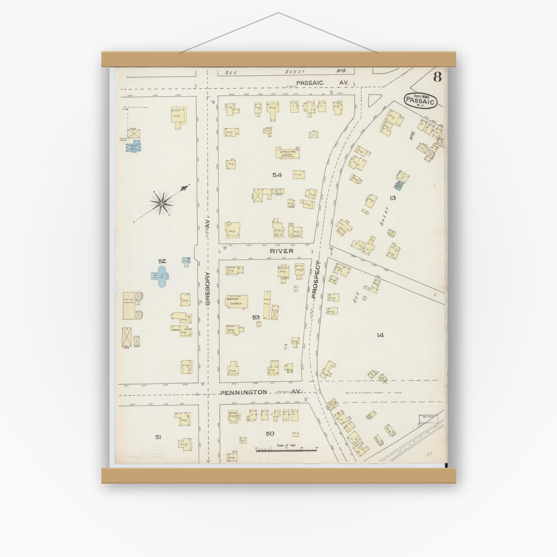 Old map wall art mockup — magnetic wood frame on white wall — Sanborn Fire Insurance Map from Passaic, Passaic County, New Jersey (1886), Sheet #0007