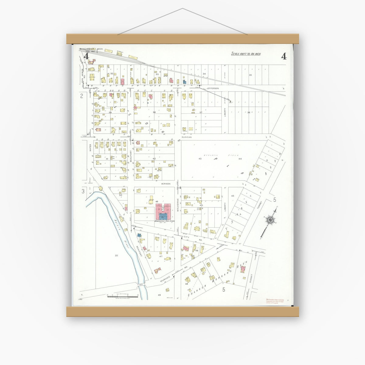 Old map wall art mockup — magnetic wood frame on white wall — Sanborn Fire Insurance Map from Manchester, Washtenaw County, Michigan (1941), Sheet #0004
