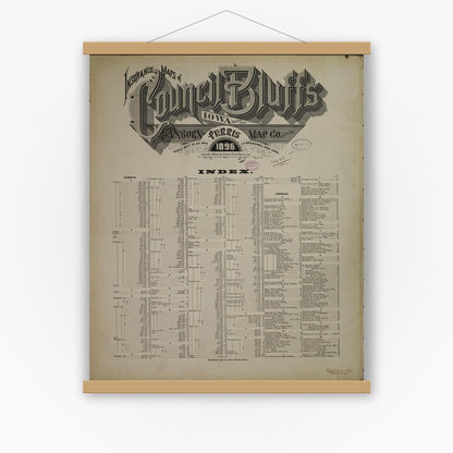 Old map wall art mockup — magnetic wood frame on white wall — Sanborn Fire Insurance Map from Council Bluffs, Pottawattamie County, Iowa (1896), Sheet #0001