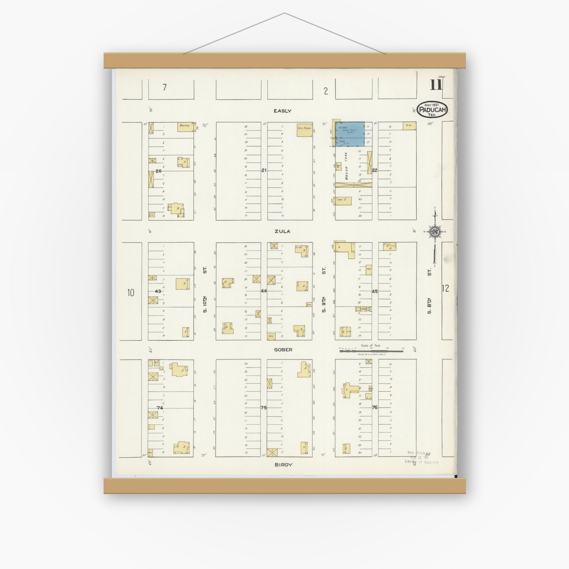 Old map wall art mockup — magnetic wood frame on white wall — Sanborn Fire Insurance Map from Paducah, Cottle County, Texas (1921), Sheet #0011