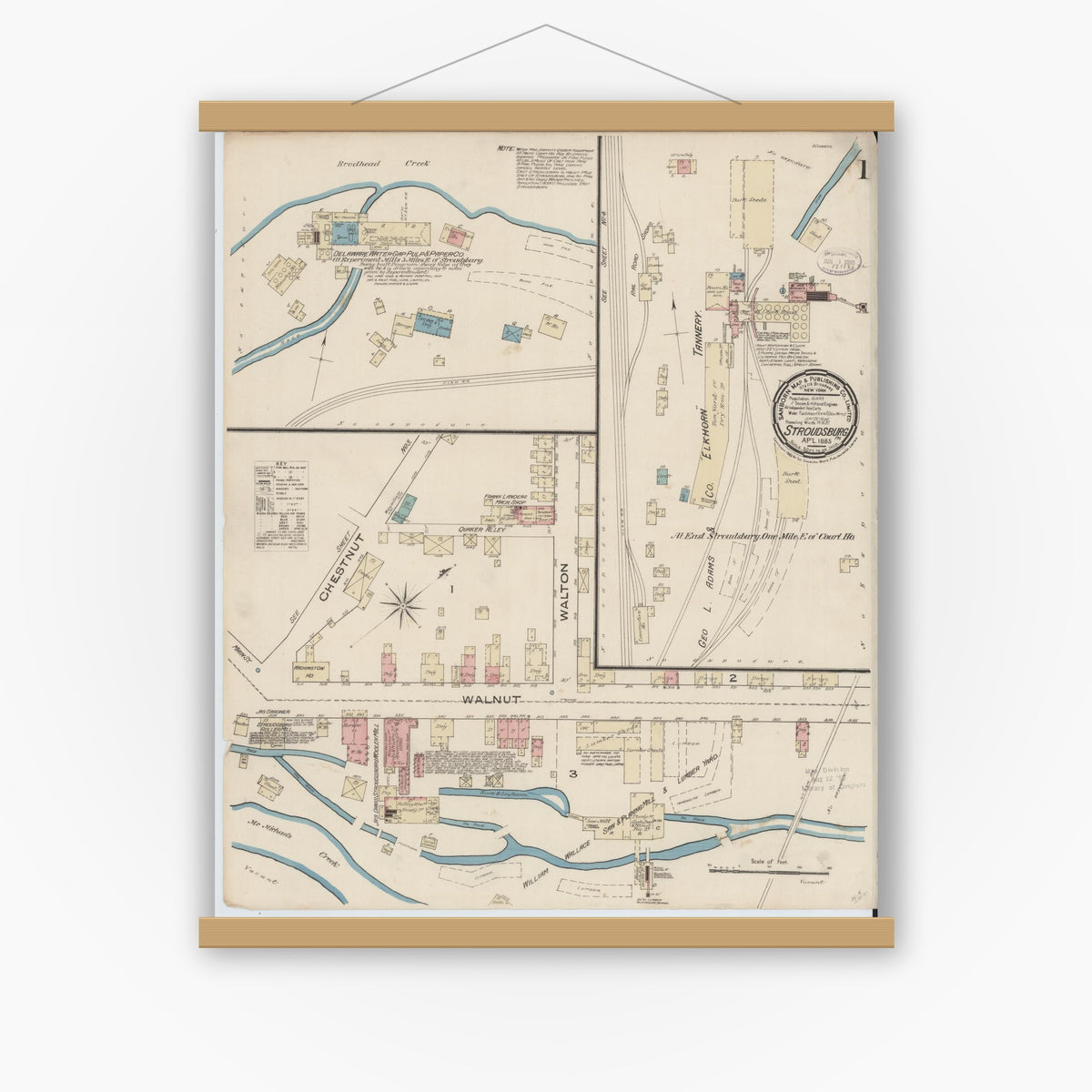 Old map wall art mockup — magnetic wood frame on white wall — Sanborn Fire Insurance Map from Stroudsburg, Monroe County, Pennsylvania (1885), Sheet #0001